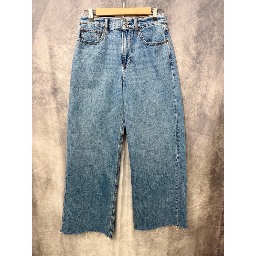 Abercrombie & Fitch High Rise Wide Leg Jeans Medium Wash Raw Hem 27 Regular Y2K